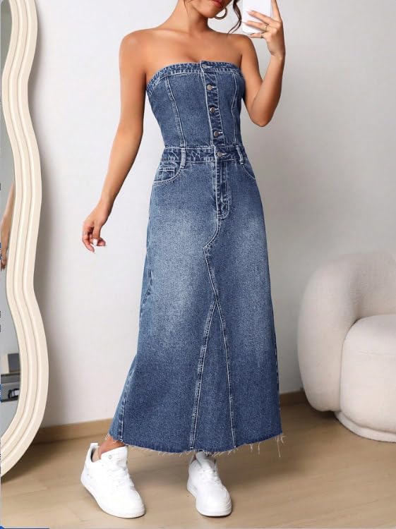 utcoco Denim Dress for Women Sexy Strapless Denim Tube Tops Back Smocked Jean Dresses for Women 2025 - Image 2