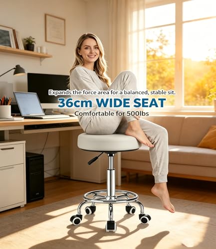 Image of 500lbs Heavy‑Duty Adjustable Rolling Stool with Wheels & Footrest Ring,Grey