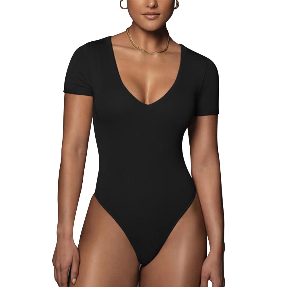 HSAJS Body Mujer Manga Corta Elegante Sexy Cuello en V Bodysuit Malla Elástica Bodys Mono Jumpsuit Top Vestir Ropa Interior Leotardo Going Out Tops