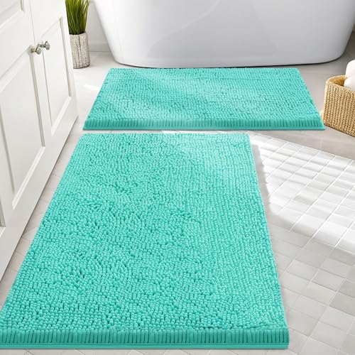 Image of Smiry Bathroom Rugs Sets 2 Piece, Soft Absorbent Chenille Machine Washable Non Slip Shaggy Bath Rug Set for Tub, Shower, and Floor (30x20+24x16, Turquoise)