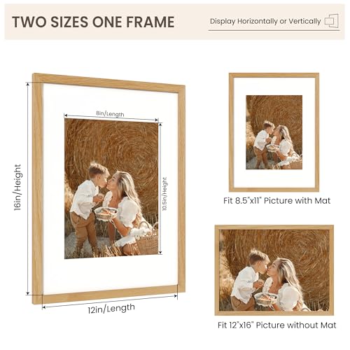 Image of FLYJOE 12x16 Oak Wood Picture Frame with Mat for 8.5x11, 12 by 16 USA-Sourced Natural Solid Wooden Photo Frame for Wall Display, Shatterproof Plexiglass, Hanging Hardware Included, 1 Pack, Natural