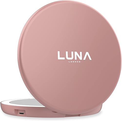 LUNA London Espejo de viaje compacto 2.0 en oro rosa Espejo de maquillaje de viaje con luz Espejo de tocador con luz LED con 3 modos de luz