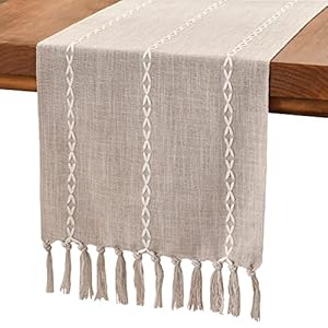 Wracra Rustic Linen Table Runner Farmhouse Style Table Runners 72 inches Long Embroidered Table Runner with Hand-Tassels for Party, Dresser Decor and Dining Room Decorations(Light Coffee, 13″×72″)