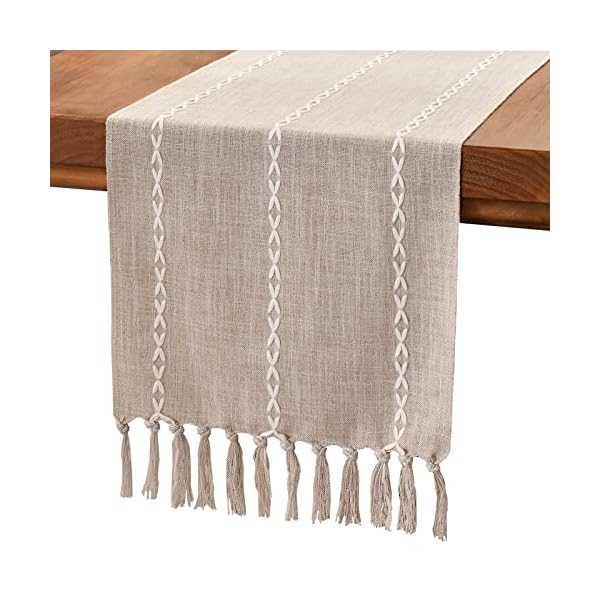 Wracra Rustic Linen Table Runner Farmhouse Style Table Runners 72 inches Long Embroidered Table Runner with Hand-Tassels for Party, Dresser Decor and Dining Room Decorations(Light Coffee, 13"×72")