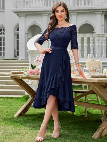 Miusol Women's Off Shoulder Elegant Floral Ruffle Half Sleeve Lace Contrast Chiffon Party Dress2