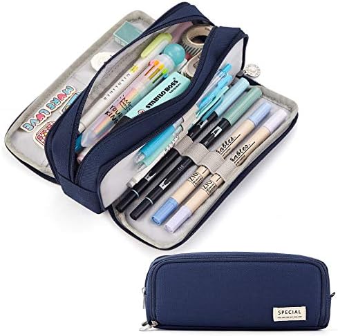 CICIMELON Large Capacity Pencil Case 3 Compartment Pouch Pen Bag for School Teen Girl Boy Men Women (Navy)