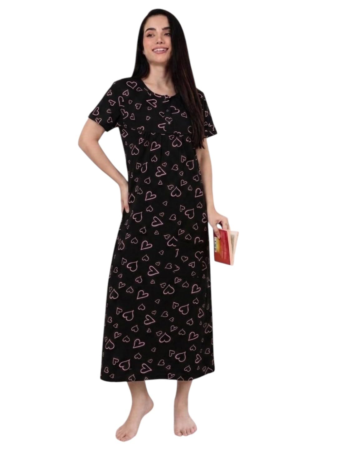 Womens Nightdress Pure Cotton Printed Maxi Length Relaxed Fit Sleepdress Nightwear with Side Pocket and Chest Button Placket for Feeding-image-23