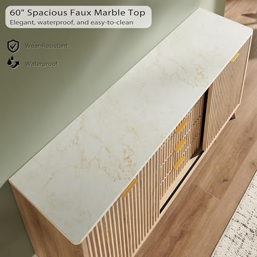 T4TREAM Fluted Buffet Cabinet, 60" Modern Sideboard with Sliding Doors & 4 Drawers, Coffee Bar Table with Storage, Faux Marble Top and Curved Profile Design for Dining Room, Living Room, Natural Oak - Image 5