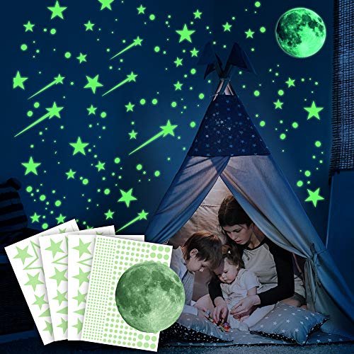 Ezigoo Luminoso Pegatinas De Pared y techo - 476 Piezas (Luna, Estrellas, Cometas y Puntos). Set De Decoración Destello De Oscuridad. Decoración Para Dormitorios Infantiles