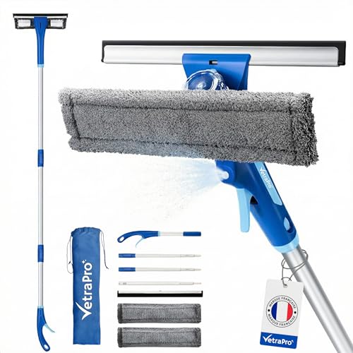 VetraPro Raclette Vitre Professionnelle – Lave Vitre 4 en 1 avec Manche Télescopique 25 à 225 cm et Pulvérisateur pour Nettoyant Vitre – Nettoyeur Vitre pour Un...