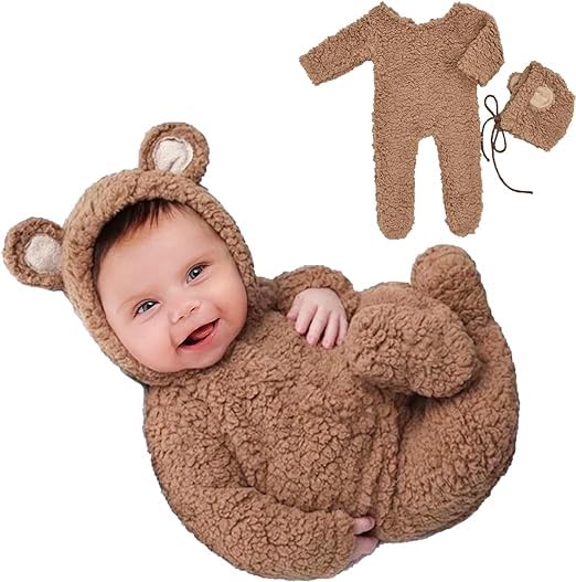 Image of Babymoon Set of 2 | Fleece Suit with Infant Baby Bear Cap Hat | Baby Photography Props Costume | Baby Gift Set | 0-3 Months | Brown