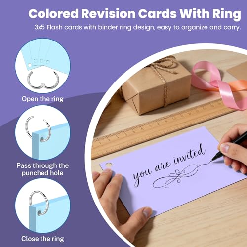 300 PCS Index Cards 3x5 in Blank Flashcards, 3x5 Cue Cards, Flash Cards with 6 Metal Binder Ring, Colored Paper Record, Study, Recipe Revision Flashcards for Taking Notes, Reminder image 6