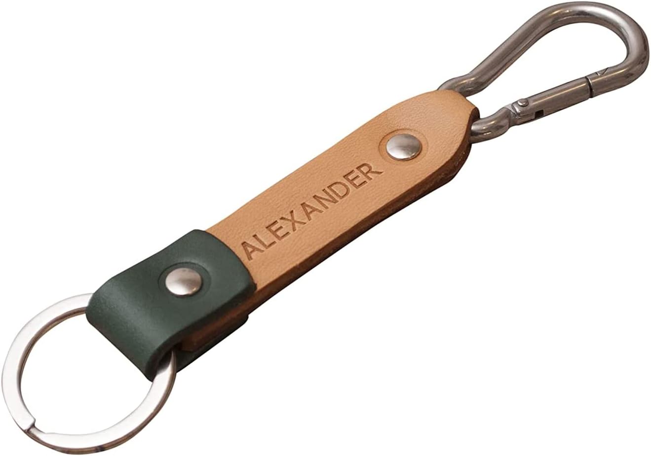 Tan brown, green leather key chain, stainless steel carabiner hook, custom text, initials ring, monogrammed keychain, boyfriend fob holder clip keyring engraved personalized groomsmen gift