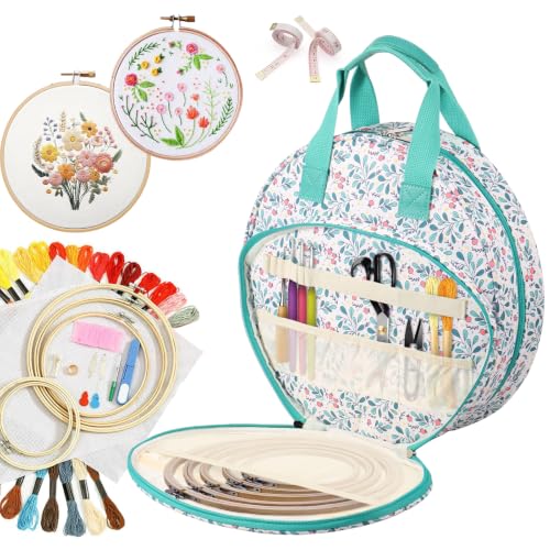 Embroidery Project Bag Embroidery Supplies Storage Carrying Tote Case with Multiple Pockets and Handle Cross Stitch Bag Double Layer Embroiderys Project Bags for Floss Hoops Thread (Lake Blove)