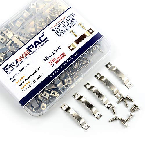 FramePac Paquete de 100 ganchos pequeños de dientes de sierra para colgar marcos de dientes de sierra con tornillos y caja de almacenamiento, accesorios para colgar cuadros, lienzo, marcos de fotos y