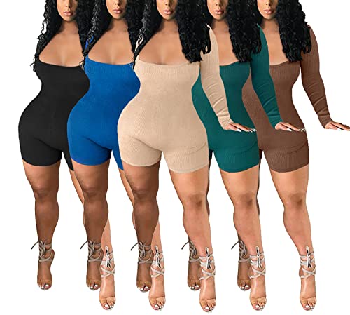 Tinodu Sexy Ribbed Backless Bodycon Rompers Jumpsuit For Women Knit Long Sleeve Square Neck Casual Party Club Workout One Piece Outfits Playsuit M Brown #TOP7