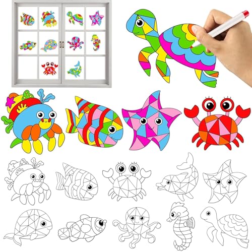 Qyeahkj 30Pcs Ocean Animals Arts Crafts for Summer Window Suncatchers Craft Kit DIY Under The Sea Coloring Craft Window Cling Sticker Sea Theme Party Gift for Home Decor