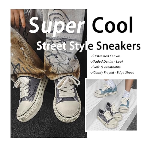 Women's Chunky Canvas Sneakers, Retro Cool Faded Denim - Look, Soft & Breathable, Comfy Frayed - Edge Trendy Shoes2