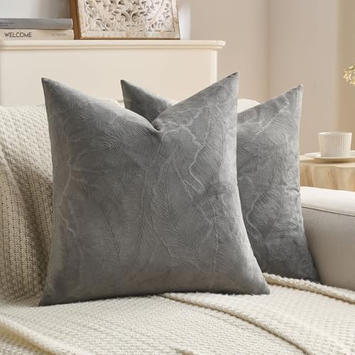 Image of FUTEI Pack of 2 Velvet Throw Pillow Covers 22x22 Inch Soft Embossed Leaf-Relief Textured Decorative Cushion Cases Modern Natural Farmhouse Accent for Couch Bed Living Room, Dark Grey