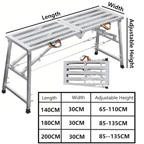 Image of Portable Folding Scaffold Work Platform, Height Adjustable Carbon Steel Step Bench, 400KG Load Capacity, Multifunctional Ladder Stool for Car Washing Painting RV Cleaning (180cm)