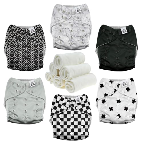 Image of Mama Koala 3.0 Pocket Cloth Diapers for Babies with AWJ Lining, 6 Pack with 6 4-Layer Natural Cloth Diaper Inserts - Reusable and Washable Pocket Diapers (Black and White)