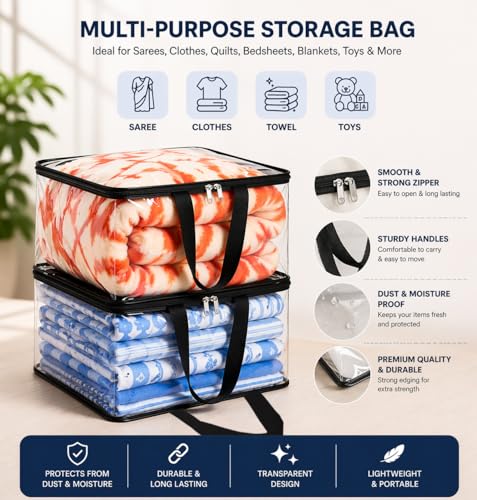 Image of Crasome Pack of 4 Transparent Storage Bag for Saree Covers,Clothes, Lehenga, Blankets, Bedsheets, Toys, Docs|Wardrobe Organizer|Clear Storage Box Bag - Plastic, 40x32x22 cm