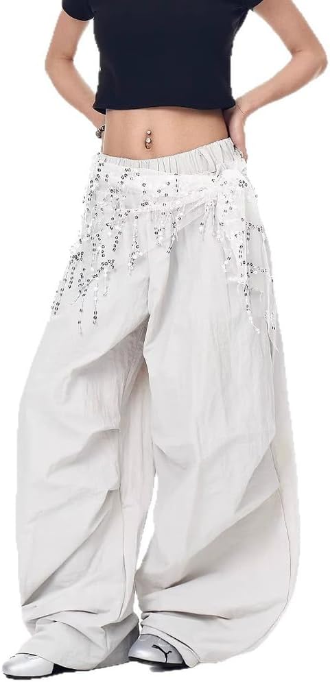 Women's Vintage Causal Sparkly Sequin Fart Curtain Elastic High Wasited Wide Leg Pants