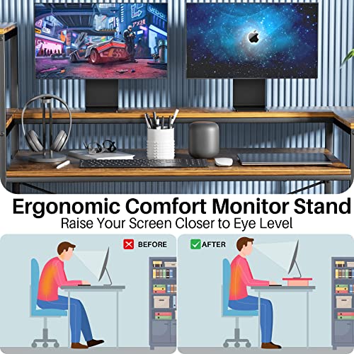 Hypigo Computer Desk With Storage Shelves, 63 Inch Home Office Desk With Monitor Stand And Cpu Shelf, Modern Writing Desk Table With Bookshelf (Rustic Brown) #TOP3