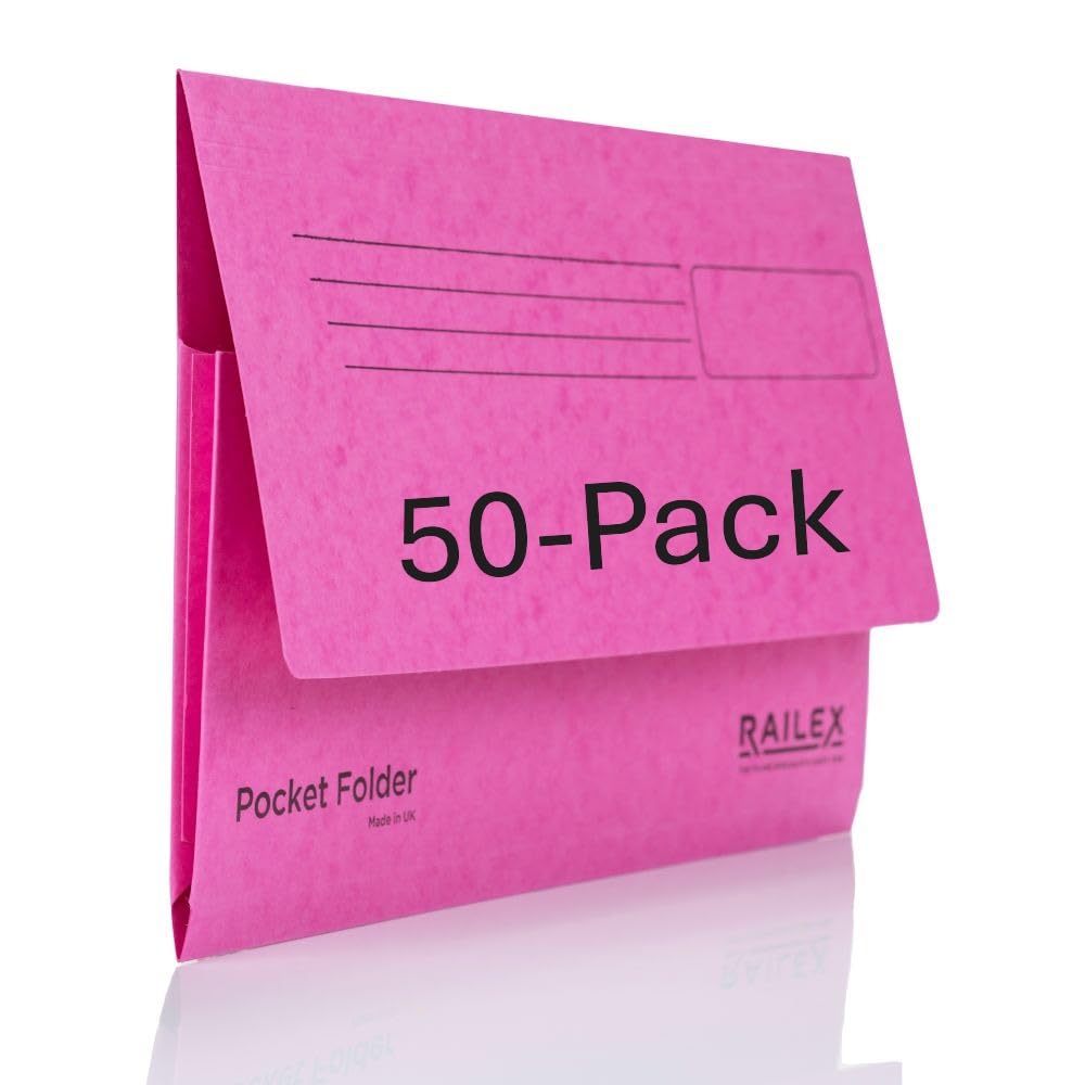 Railex Pocket Folder Foolscap Document Wallets - Cerise Folders Pack of 50 for Paperwork A4 and A4+, Recycled Board File Foolscap Document Wallet, Premium Filing Folder for Office and Home