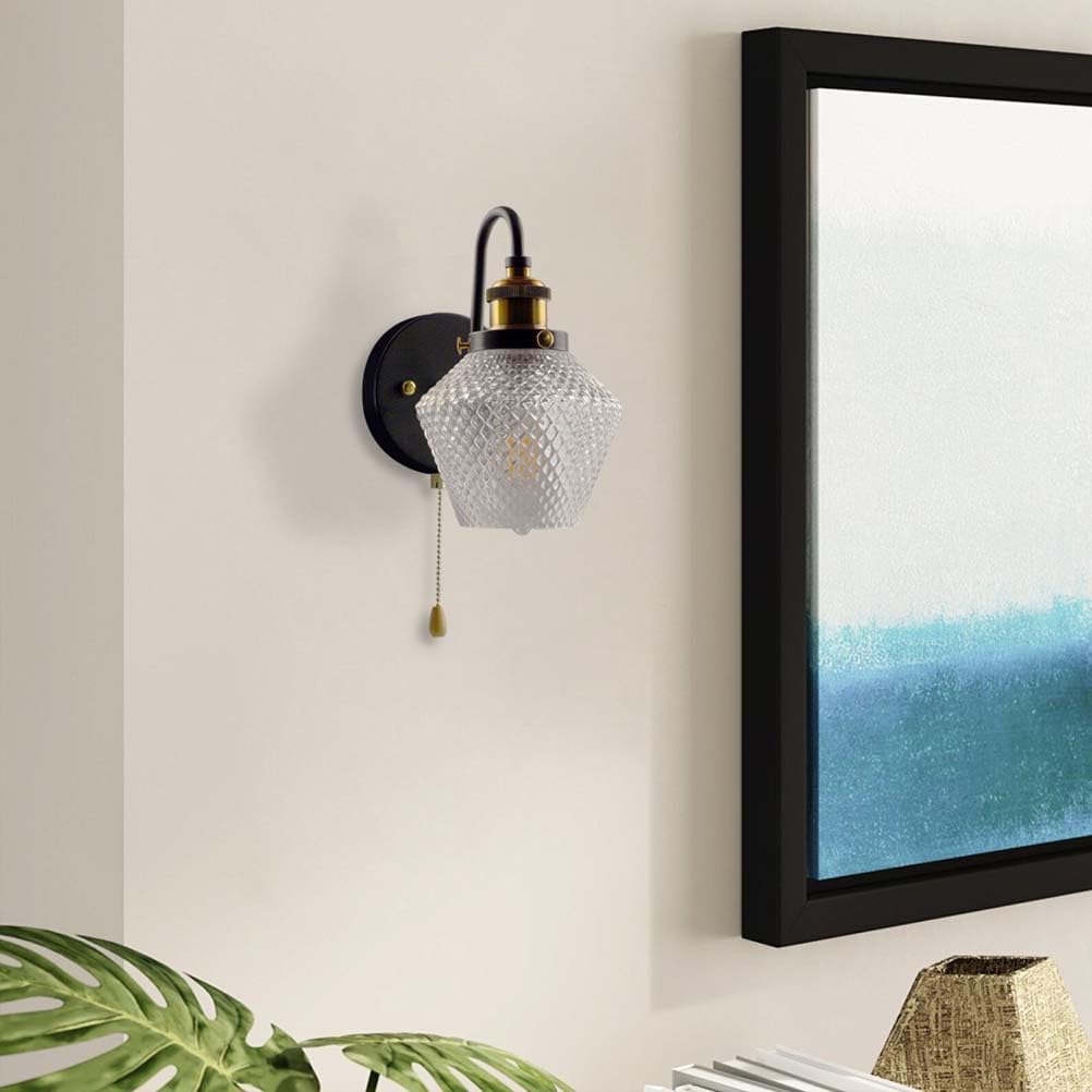 E27 Retro Wandlampe Vintage Wandleuchte Innen Schalter | Industrial mit Glas Lampenschirm Schwarz Metall Wandbeleuchtung Bettleuchte Wand Licht Art Deco für Wohnzimmer Schlafzimmer