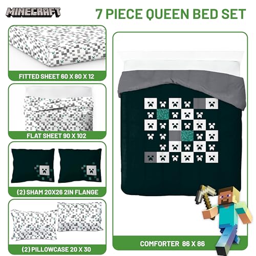 Image of Minecraft Creeper Queen Comforter Set 7 Piece Video Game Bedding, Green | Zombie Enderman, Comforter Sheets Shams Pillowcases, Official Product, Soft Microfiber, Machine Washable, Kids Gift