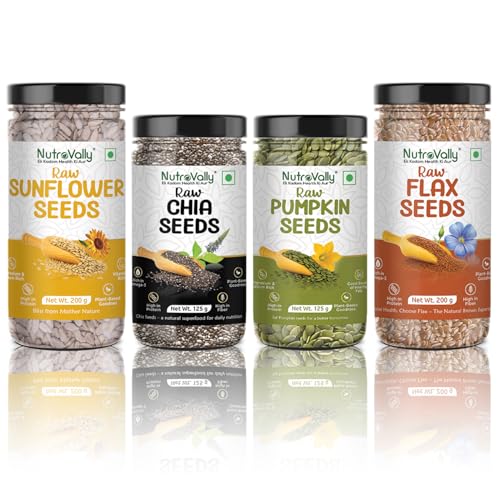 Image of Nutrovally Dry Fruits Seeds Combo (Pumpkin + Chia) each 125g + (Sunflower + Flax) each 200g |Combo for Smoothies, Breakfast & Snacks| Healthy Seeds for Eating (Pack of 4) 650g
