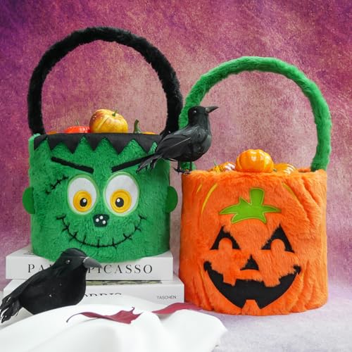 Image of Dia 7.9 inch * H 15.7 inch, Plush Halloween Baskets Trick or Treat Bags Halloween Candy Bucket, Gift Bucket for Party Favor Supplies (2Pcs-Pumpkin&Hulk)