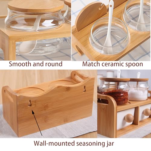 Juego de estante de especias montado en la pared, organizador de especias de madera de 2 niveles con cajón y cuchara, soporte para condimentos de cocina para un fácil acceso y almacenamiento ordenado