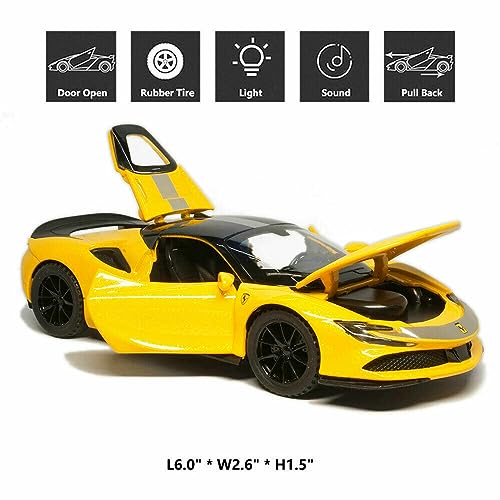 Image of 1:32 Diecast Ferrari SF90 Alloy Metal Pull Back Die-Cast Car Scale Model Pullback with Sound Light Mini Auto Toy car for Kids Best Gifts Toys for Kids Boys Yellow
