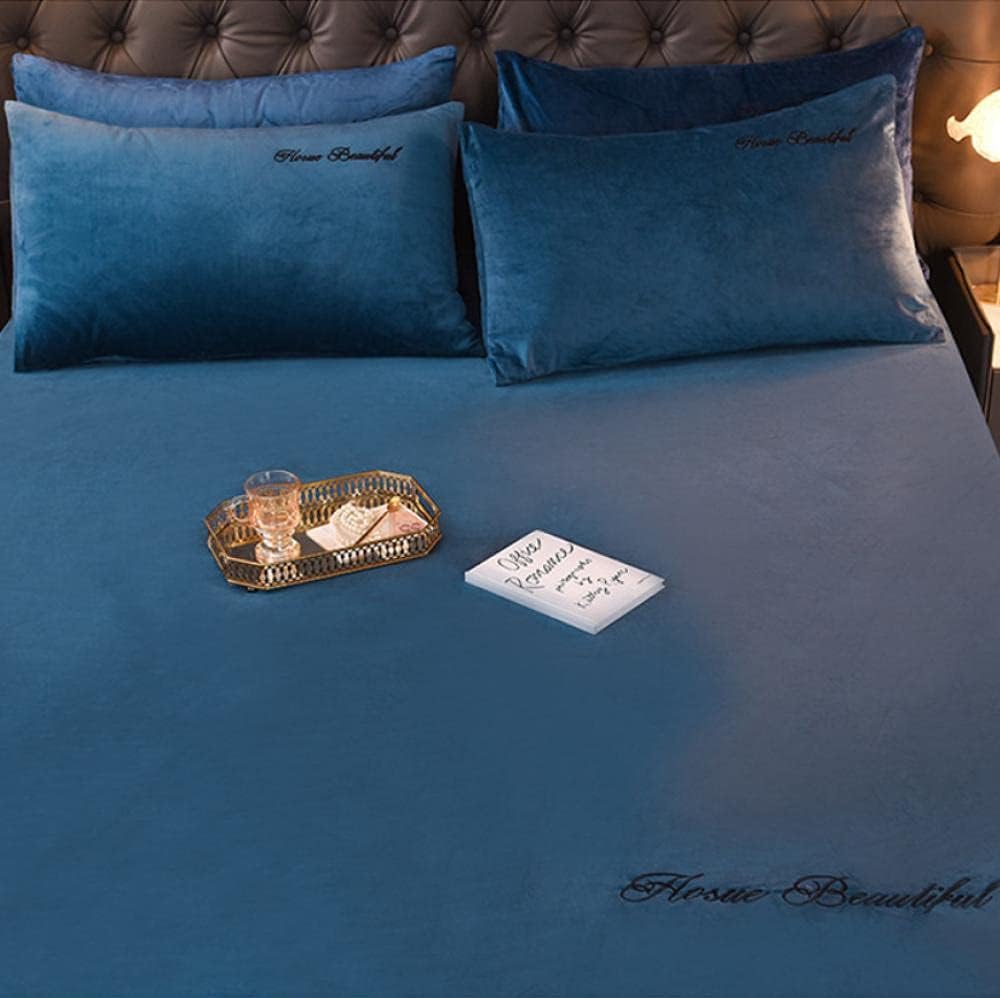 Fitted Sheets Set,Warm Crystal Velvet Mattress Cover with Deep Pockets, Bedroom Guest Room Pure Color Embroidered Bed Protector Blue 180200cm (3pcs)