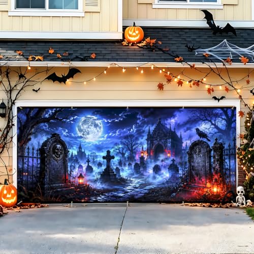 Image of Halloween Garage Door Decorations 7 x 16 ft, Gothic Chapel Cover