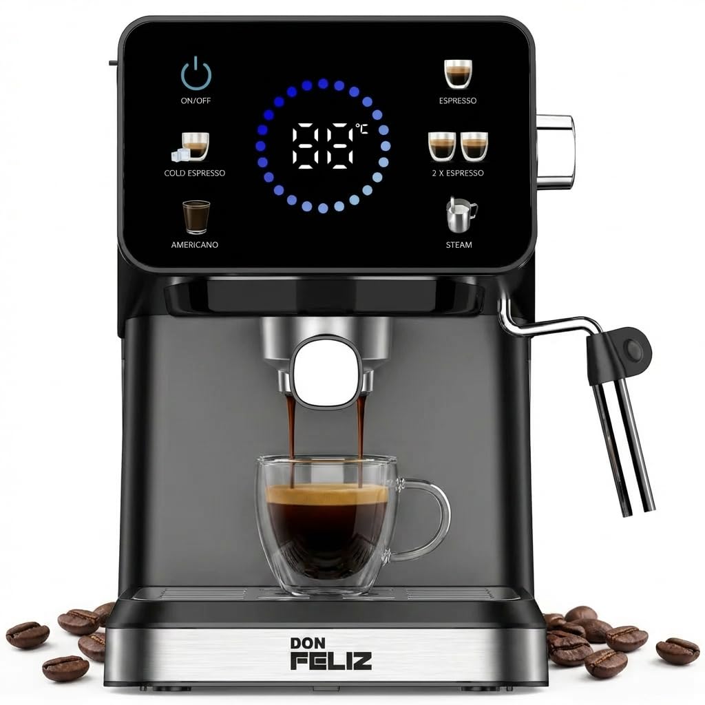 Don Feliz Máquina de café Digital, 20 Bar, 1350W, Cafetera Compatible con cápsulas Nespresso, Pantalla LCD, Vaporizador Acero Inoxidable, Depósito 1.5L