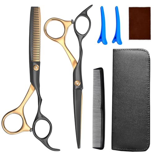 Hairdressing Scissors, 6 Inch Hair Cutting Scissor & Thinning Scissors Hairdressing, Stainless Steel Barber Scissors with Leather Cover, Comb, Hair Clip, Professional Salons Hair Shears Set