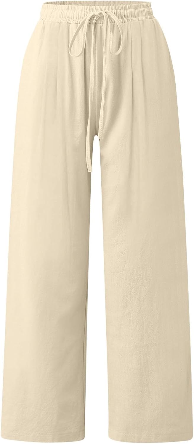 Summer Pants for Women Casual Drawstring Elastic High Waist Linen Pant Straight Wide Leg Trousers with Pockets - Image 2