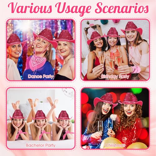 Image of Coume 12 Pcs Sparkly Adults Cowboy Hat and Bandanas Women Men Western Glitter Cowgirl Party Hats with Adjustable Drawstring