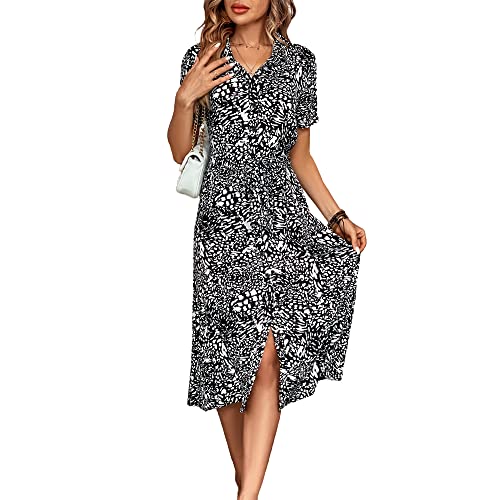 Image of BROVAVE Women's 2026 Summer Short Sleeve Work Dresses Tie Waist Button Down Animals Print Midi A-Line Shirt Dress