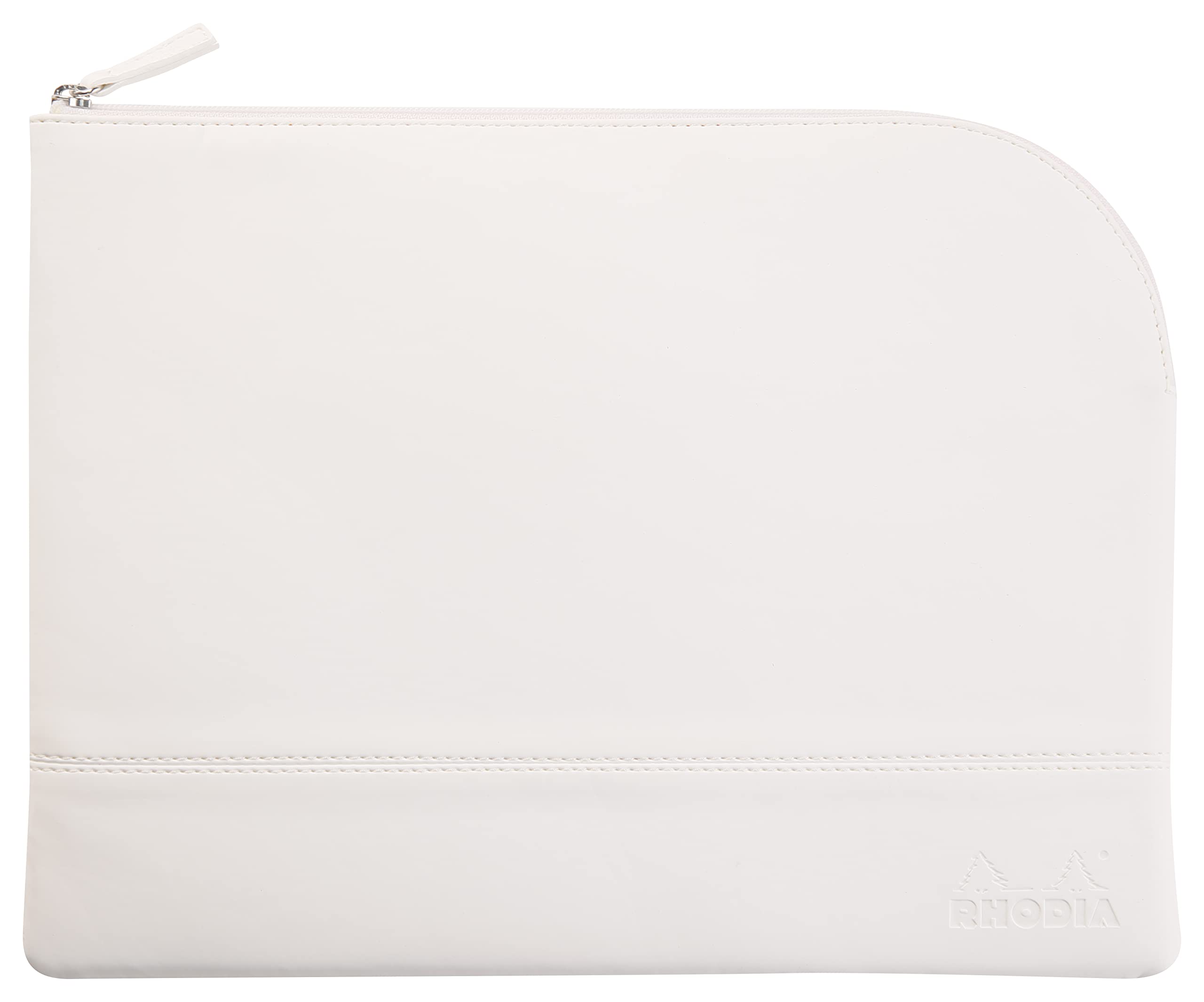 RHODIA 116722C, Faux Leather Zippered Pouch, White, Size L (21 x 28 cm), Genuine Stitching, Orange Fabric Interior