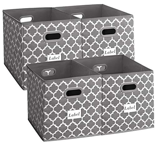 homyfort Cloth Storage Bins 13x13Flodable Cubes Box Baskets Containers Organizer for DrawersHome Closet ShelfNursery Cabinet with Dual Plastic HandlesGrey with Lantern Pattern Large Set of 4