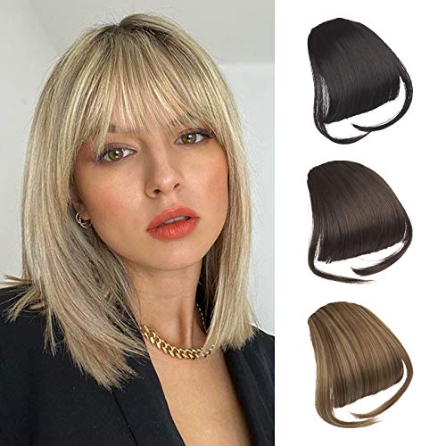 Sofeiyan Clip in Bangs Hair Extensions Fringe Bangs Dark Ash Brown Mix Bleach Blonde Clip on Bangs Synthetic Hair Natural Flat Bangs Hairpiece with Temple One Piece for Women Girls