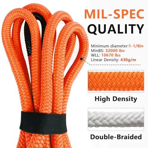 Image of NTR 1-1 /8 inch x 20' Kinetic Recovery Tow Rope (37,480lbs), with 2 UHMWPE Soft Shackles (40,980lbs), Heavy-Duty Offroad Snatch Strap, Vehicle Recovery kit for Jeep car Truck ATV UTV SUV, Orange