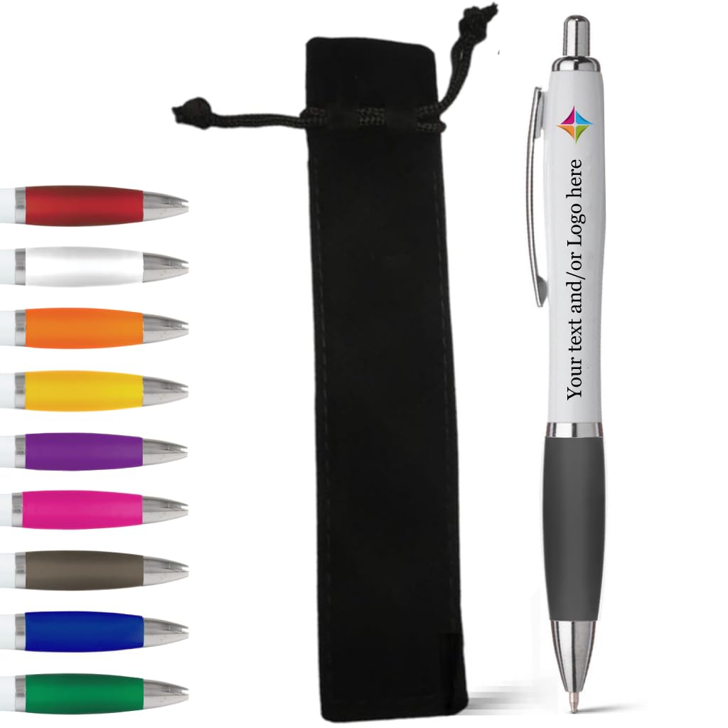 stika.co Black Personalised Pen with Velvet Pouch - Personalised Rubber Ballpoint Pens for School, Work, and Events - UV printed vibrant colors, with large branding space โ image 1