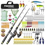 118Pcs Kids Fishing Pole Set 2pcs1.8/2.1m Telescopic Fishing Rod and Spinning Reel Combo Line Net FishingPliers Lures Kits & Accessories Carry Bag for Beginners and Starters Saltwater Freshwater