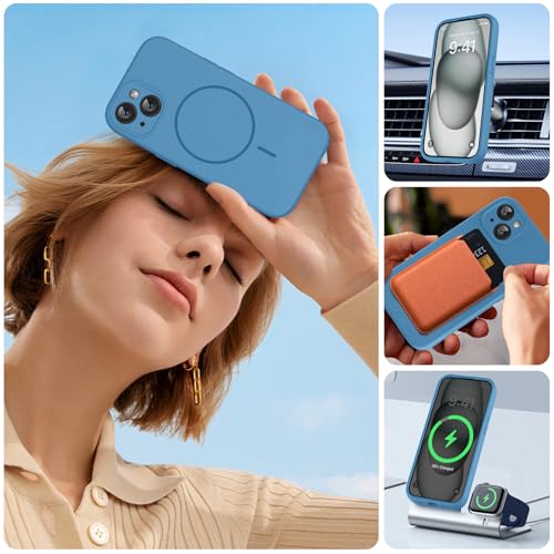 Image of Miracase Magnetic for iPhone 15 Plus Case, [Soft Anti-Scratch Microfiber Lining], Compatible with MagSafe, Liquid Silicone Shockproof Drop Protection Phone Case for 15 Plus, Capri Blue