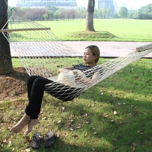 Double Rope Hammock, Handwoven Traditional Cotton Rope Hammock with Hardwood Spreader Bar for Indoor Outdoor